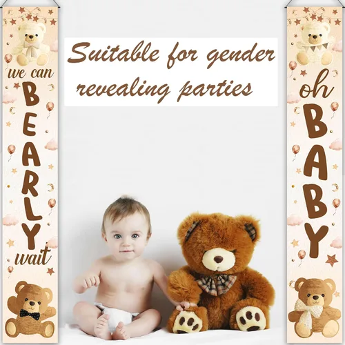 Miniatura 5 de Decoración de baby shower con texto en inglés «We Can Bearly Wait», 2 unidades, oso para baby shower, porche, letrero de revelación de género
