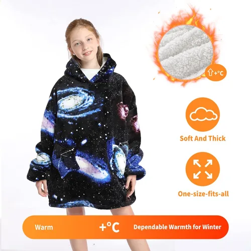 Miniatura 2 de JAMBHALA Manta de gran tamaño con capucha para niños, sudadera con capucha de franela cálida y esponjosa con bolsillos para niños y adolescentes