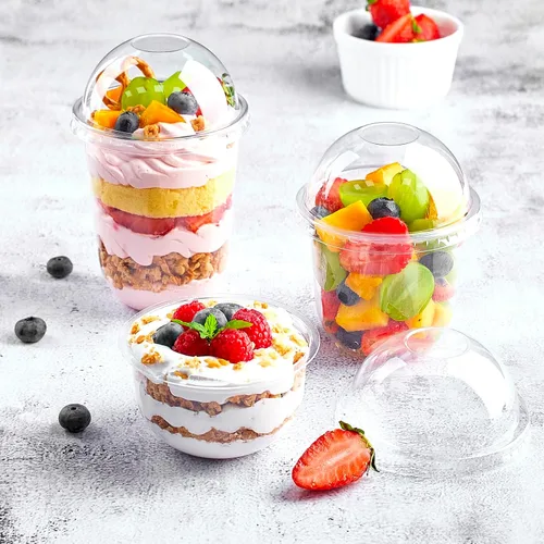 Miniatura 5 de Zezzxu Paquete de 50 vasos de postre de plástico de 9 onzas con tapas de cúpula (sin agujero) y tenedores, vasos desechables para frutas, helados