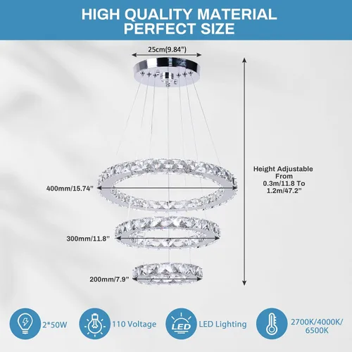 Miniatura 6 de Candelabro LED de cristal con iluminación regulable LED moderna lámpara de techo de 3 anillos ajustable de acero inoxidable para dormitorios y sala