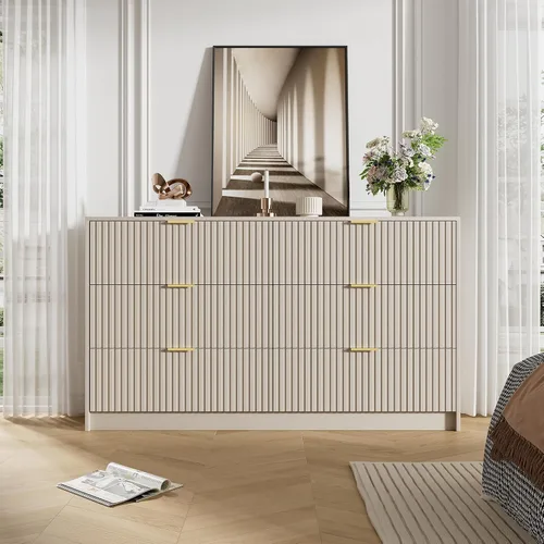 Miniatura 6 de Furniway Cómoda Beige para Dormitorio, Cómoda Moderna con 6 Cajones y Deslizadores Suaves, Cómoda Ancha con Manijas Doradas para Dormitorio, Sala