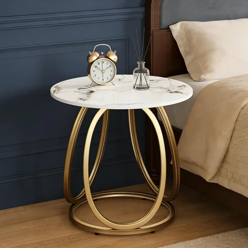 Miniatura 14 de O&K FURNITURE Mesa auxiliar plateada para sala de estar, mesa auxiliar de vidrio para dormitorio, moderna mesita de noche redonda de vidrio