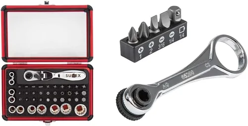 Sunex 9732 - Juego de trinquete de 44 piezas de 1/4 de pulgada con cabezal flexible doble, juego de llaves y puntas y Klein Tools 65200 Juego de