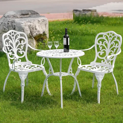 Juego de mesa y sillas de bistró para exteriores, 2 piezas, juego de bistró de patio de metal blanco, juego de bistró de aluminio fundido de 3