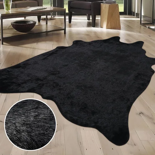 Miniatura 3 de Alfombra de Piel Sintética de Vaca Negra, Alfombra de Piel de Vaca con Estampado de Vaca para Sala de Estar y Dormitorio, 4.6 x 5.2 Pies - Estampado