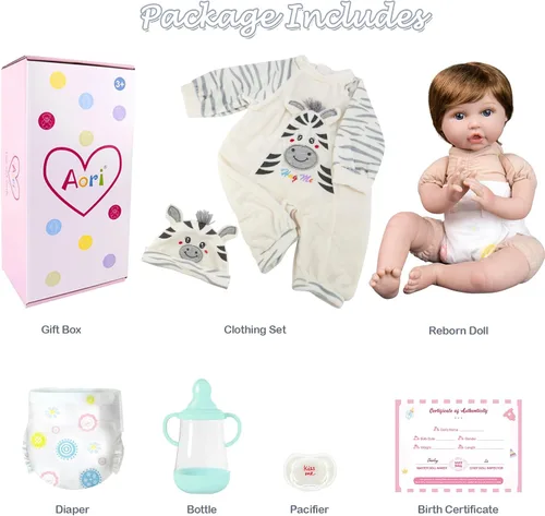 Miniatura 5 de Aori Muñecas de bebé recién nacidas realistas de 22 pulgadas con cuerpo suave y con peso y trajes de cebra, juego de regalo para niños de 3 años