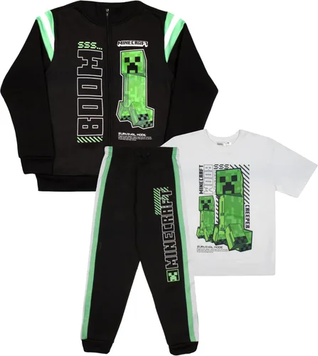 Minecraft Creeper - Conjunto de pantalones deportivos de 3 piezas para niños, con cremallera, camiseta de manga corta y pantalones deportivos activos