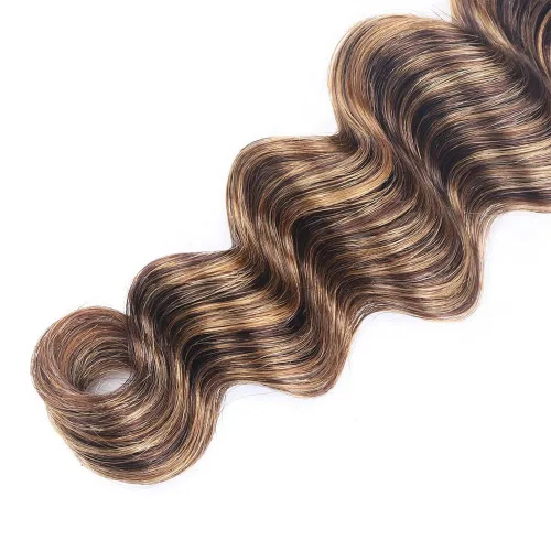 Miniatura 5 de P4/27 paquetes de cabello humano con reflejos marrones de onda profunda, paquetes de 10 pulgadas sin procesar rubio virgen rizado profundo