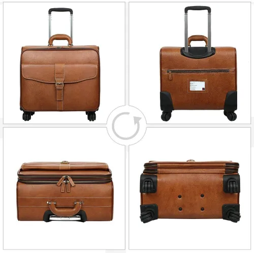 Miniatura 3 de Leathario Maleta con ruedas de cuero para laptop, maletín con ruedas, Marrón, XL