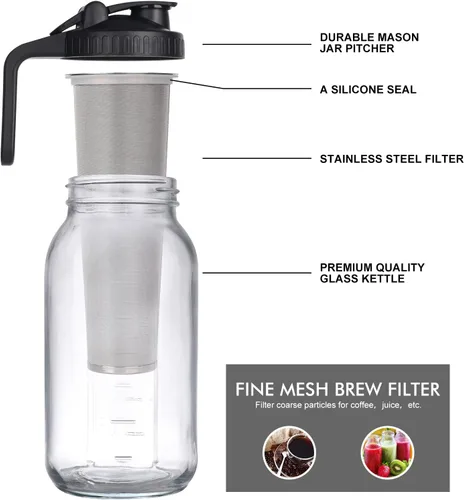 Miniatura 4 de Cafetera helada en tarro de cerveza fría, vidrio duradero, 64 onzas (2 cuartos de galón/1.9 litros), con asa y filtro de acero inoxidable para café