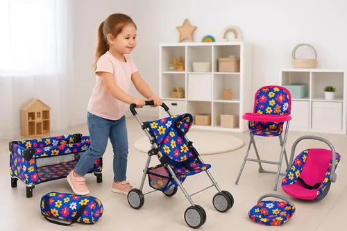 Miniatura 9 de fash n kolor El juego de 4 piezas para muñeca de bebé, diseño de flores, incluye paquete plegable y juego, cochecito de muñeca de bebé, silla alta 4