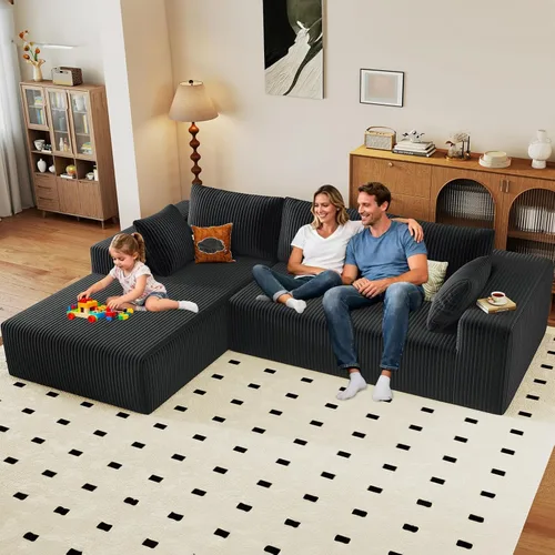 Miniatura 47 de Sofá seccional modular de 96", sofá en forma de L tipo nube sin estructura con chaise lounge, tapizado de pana con asiento profundo de espuma Negro