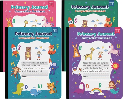 Diario primario de grado K-2, cuaderno de composición primaria k-2, 4 colores y diseños surtidos, diario de escritura primaria, 100 hojas/200