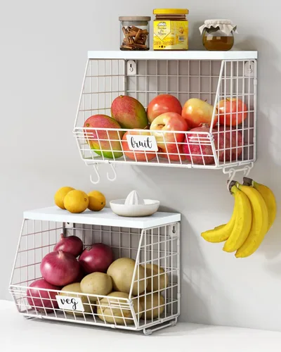 Miniatura 10 de Goozii - 2 paquetes de cestas de frutas colgantes de pared para encimera de cocina, cestas de alambre apilables para organizar con tapa de madera