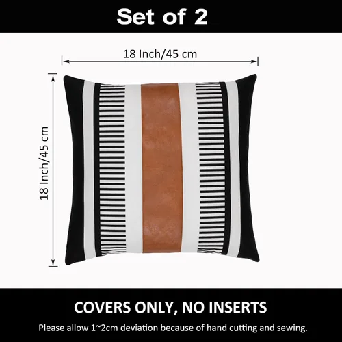Miniatura 3 de Paquete de 2 fundas de almohada decorativas estilo granja para sofá, fundas de cojín cuadradas de cuero sintético con rayas tribales, fundas de Negro