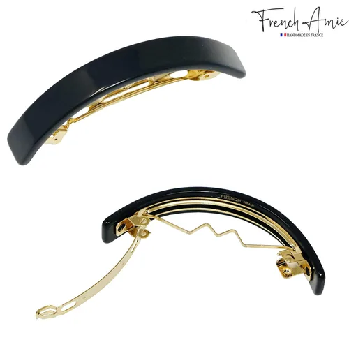 Miniatura 2 de French Amie Pasador automático hecho a mano de acetato de celuloide pequeño negro curvado de 2.5 pulgadas con cierre dorado