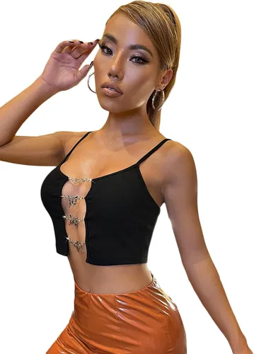 Miniatura 3 de SheIn Camiseta corta sexy con cadena de mariposa para mujer