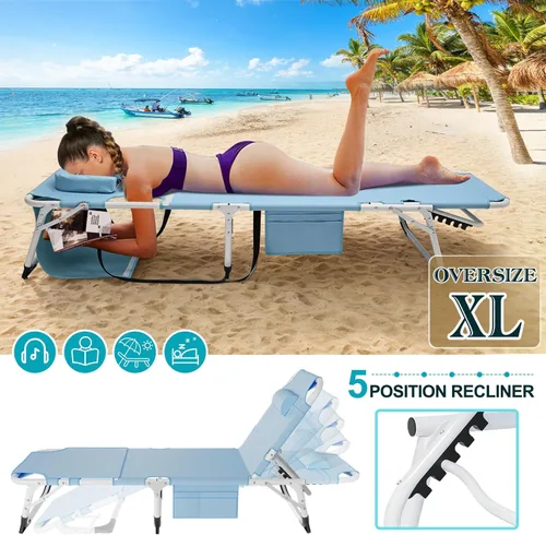 Miniatura 4 de ABORON Silla de bronceado resistente, silla de descanso plegable de 5 posiciones para exteriores con almohadilla, silla de playa portátil para tomar