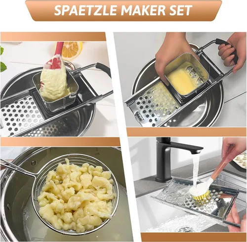 Miniatura 5 de Spaetzle Maker de acero inoxidable de alta calidad con mango de goma antideslizante, colador de araña, raspador de silicona y cepillo de plástico