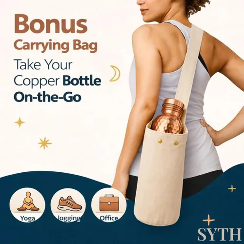 Miniatura 5 de SYTH Botella de agua de cobre 100% puro con bolsa de lona de transporte, probada en laboratorio, 34 onzas, a prueba de fugas, recipiente de cobre