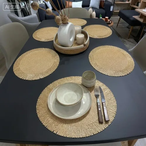 Miniatura 5 de FAVE Juego de 8 manteles individuales redondos de vinilo dorado, con borla decorativa lavable para el arreglo de la mesa, para el comedor del hogar