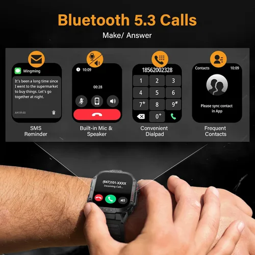 Miniatura 2 de Reloj inteligente militar para hombre, reloj inteligente deportivo al aire libre de 2.02 pulgadas con linterna, frecuencia cardíaca, oxígeno y Negro