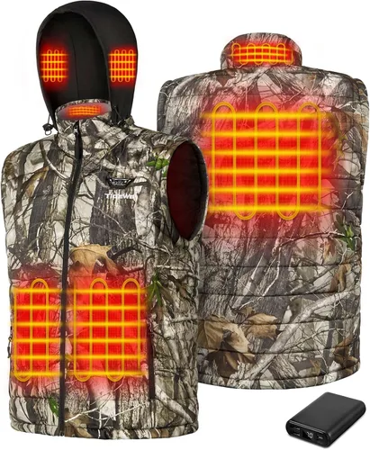 TIDEWE Chaleco térmico para hombre con capucha térmica retráctil y batería para cazarsenderismo (negro y siguiente camuflaje G2, S-XXXL)