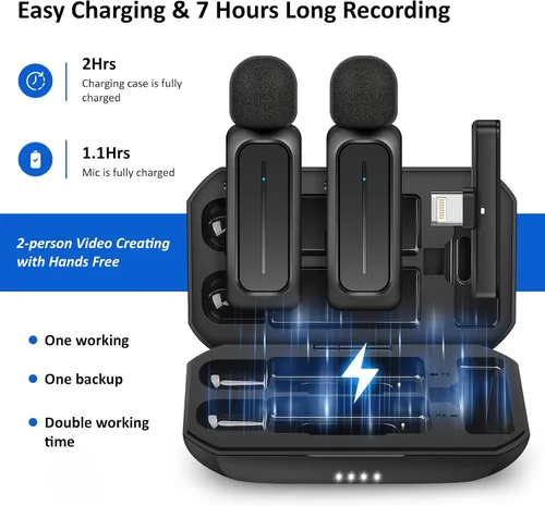 Miniatura 5 de Ecomxia 2 Piezas Micrófono de Solapa Inalámbrico para iPhone iPad Android con Estuche de Carga 7H Micrófono de Clip de Solapa Inalámbrico