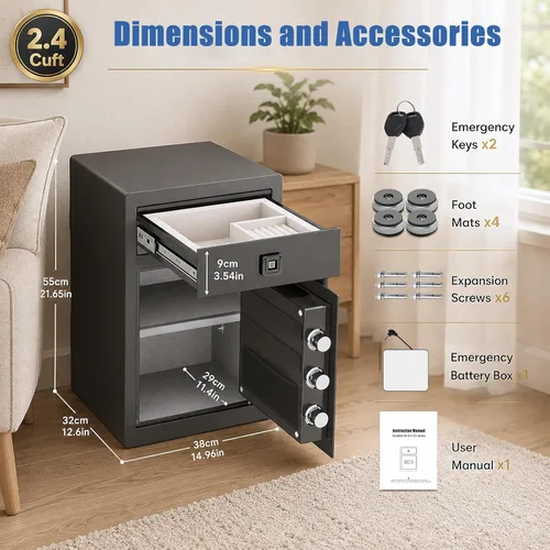Miniatura 7 de 2.4 Cu Ft Small Safe Box Fireproof Waterproof -Home Safe with Biometric Fingerprint Drawer & Removable Shelf, Dual Alarm System,Gun Safe for