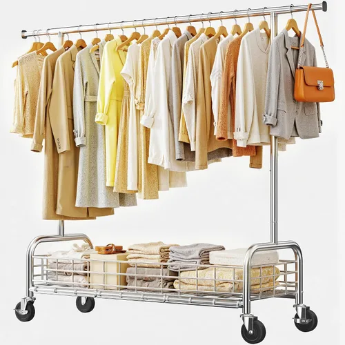 Miniatura 9 de Raybee Perchero resistente de alta capacidad 285KG, perchero para ropa con varillas dobles y cesta de almacenamiento, perchero portátil para ropa