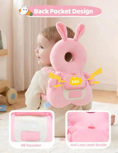 Miniatura 4 de JunNeng Mochila protectora de cabeza de bebé con chirriador, cojín de protección de seguridad para la cabeza del niño, conejo rosa Conejito rosado