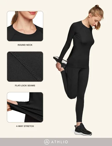 Miniatura 5 de ATHLIO Paquete de 2 camisetas deportivas de compresión para mujer, camisetas de entrenamiento de manga larga para entrenamiento, gimnasio, yoga