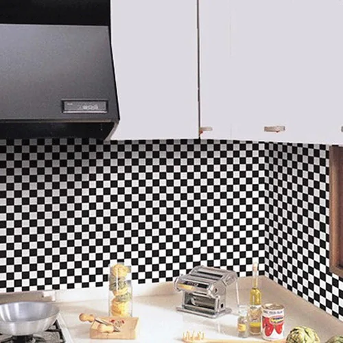 Miniatura 5 de Redodeco Azulejos adhesivos de mosaico blanco y negro para salpicaduras, película de vinilo brillante, para encimera de cocina, papel tapiz, papel