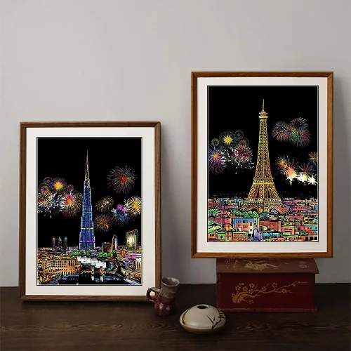 Miniatura 3 de Papel de pintura para rascar arcoíris (A4) para adultos y niños, tablero de rascar de vista nocturna, juego de arte de grabado: 4 hojas de tarjetas