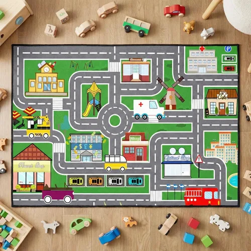 Miniatura 20 de Alfombra de juego para niños (2.6 x 5 pies), 2 unidades, alfombra de carretera para niños, alfombra de mapa de ruta de la ciudad, alfombra