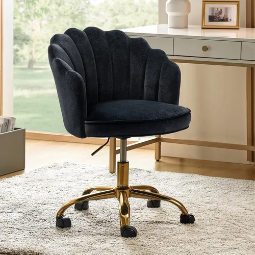 Miniatura 16 de HULALA HOME Silla de oficina en casa de terciopelo con base dorada, silla de escritorio tapizada moderna y linda de concha para mujer para tocador