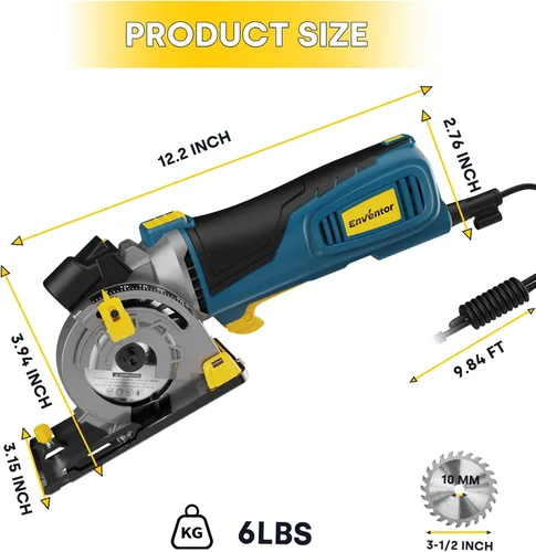 Miniatura 8 de Enventor Mini sierra circular, sierra circular eléctrica mejorada de 5A/600 W, con cable con guía láser, 5,500 RPM, 3 hojas de sierra compactas