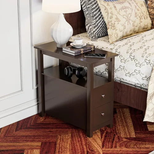 Miniatura 7 de ZENY Juego de 2 mesas auxiliares, mesa auxiliar estrecha con estante de almacenamiento y cajones, mesa auxiliar pequeña para dormitorio, sala