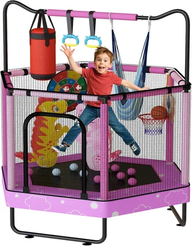 Miniatura 10 de LAMERGE Trampolín redondo 7 en 1 de 55 pulgadas para niños y niñas de 1 a 8 años, trampolín para interiores y exteriores para diversión, barandilla