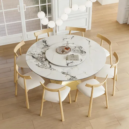 Juego de mesa de comedor redonda de 9 piezas, moderna mesa de cocina de piedra sinterizada de 59 pulgadas con plato giratorio redondo de 31.5