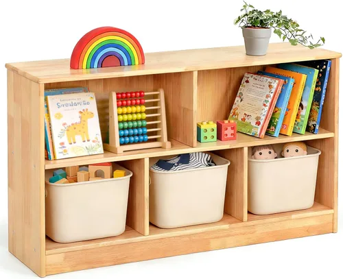 wingyz Organizador de almacenamiento de madera, 35.5 pulgadas de largo, estante Montessori de 5 secciones para juguetes y libros, armario de madera
