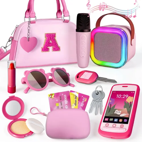 Miniatura 8 de Bolso para niña con maquillaje de simulación para niños pequeños, juego de monedero para niños, incluye bolso, auriculares de juego, cartera