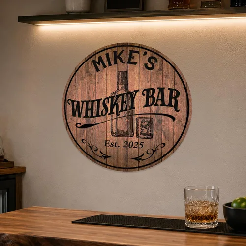 Miniatura 2 de Letrero de barra de whisky personalizado de 10 pulgadas, 14 pulgadas, 18 pulgadas, letrero redondo de madera, accesorios de barra de borbón