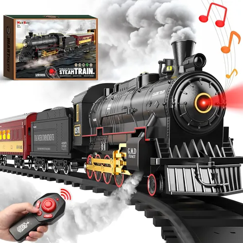 Conjunto de Tren Hot Bee para Niños, Juego de Tren de Navidad con Control Remoto con Locomotora de Vapor, Coches de Pasajeros Ligeros y Pistas,