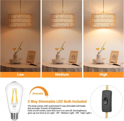 Miniatura 5 de Lámpara Colgante Enchufable de Ratán, Luces Colgantes Boho con Sombra Tejida de Papel y Tela 2 en 1, Bombilla Regulable de 3 Vías Incluida, Lámpara