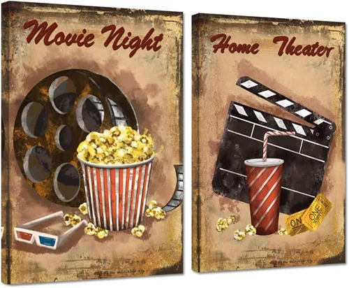 iHAPPYWALL 2 piezas de arte de pared de cine a la antigua, película nocturna, película de palomitas de maíz, carrete de película impresa en lienzo