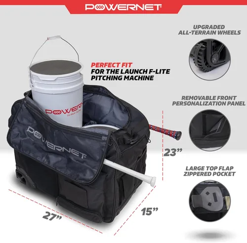 Miniatura 3 de PowerNet Bolsa de cubo con ruedas, capacidad para 2 cubos de pelotas de béisbol y sóftbol de 6 galones, bolsillos de almacenamiento para bate