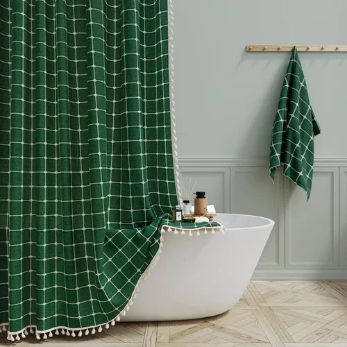 Miniatura 19 de BTTN Juego de cortinas de ducha estilo bohemio de granja con borlas, tela rústica de lino resistente, repelente al agua, cortinas de ducha gruesas A