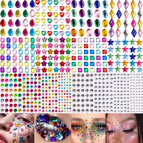 Miniatura 10 de 6 hojas de joyas para la cara, gemas para la cara, diamantes de imitación autoadhesivos para maquillaje, accesorios para disfraces de festivales