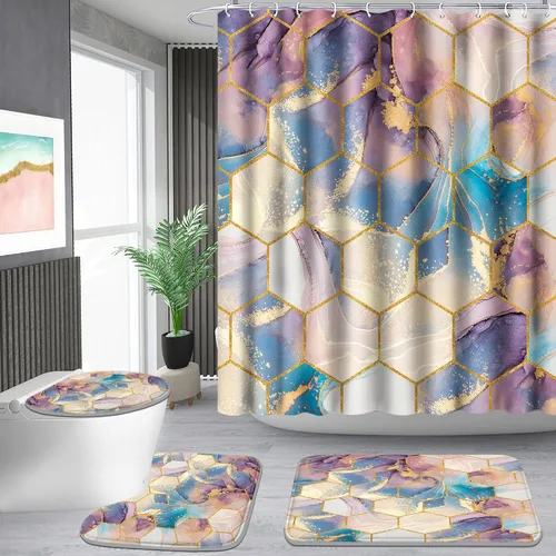 Miniatura 15 de Poedist Juego de 4 cortinas de ducha de baño, juegos de baño con alfombras (tapete de baño, forma de U y tapa de inodoro) y 12 ganchos, mármol